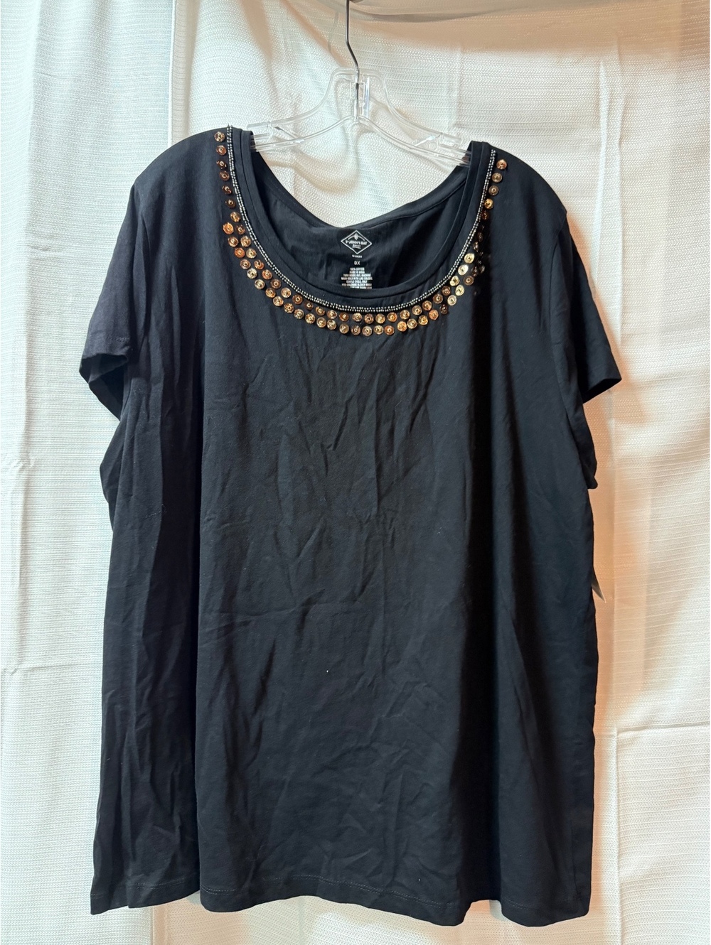 St. John's Bay Women's Black Cotton Embellished Neck T-Shirt Size 3X